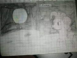 Size: 3968x2976 | Tagged: safe, artist:pashkek, derpibooru import, pinkie pie, pony, comic:friendless moon, blue eyes, earth, graph paper, image, jpeg, moon, singing, solo, space, text, traditional art