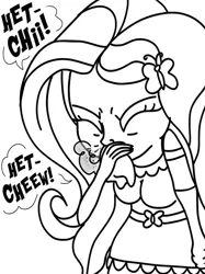 Size: 774x1033 | Tagged: suggestive, artist:proponypal, derpibooru import, fluttershy, equestria girls, black and white, breasts, eyes closed, fetish, grayscale, image, jpeg, monochrome, simple background, sneezing, sneezing fetish, speech bubble, tissue, white background