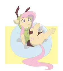 Size: 3200x3600 | Tagged: safe, artist:vanillaghosties, derpibooru import, fluttershy, pegasus, pony, antonymph, beanbag chair, blush sticker, blushing, clothes, featureless crotch, female, fluttgirshy, folded wings, gamershy, gir, high res, hoodie, hoof hold, image, invader zim, looking at something, lying down, mare, mouth hold, nintendo ds, on back, png, reclining, smiling, solo, stylus, vylet pony, wings