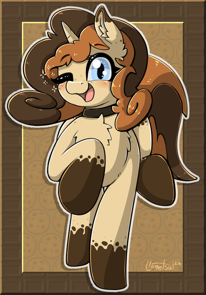 Size: 940x1348 | Tagged: safe, artist:llametsul, derpibooru import, oc, oc:creme cookie, unofficial characters only, pony, unicorn, blushing, chest fluff, choker, cute, ear fluff, female, freckles, image, looking at you, mare, one eye closed, png, raised hoof, smiling, smiling at you, solo, solo female, wink, winking at you