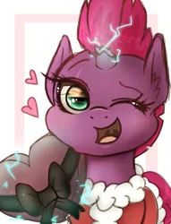 Size: 1529x1998 | Tagged: safe, artist:phoenixrk49, derpibooru import, fizzlepop berrytwist, tempest shadow, pony, unicorn, broken horn, christmas, clothes, costume, cute, eye reflection, female, heart, holiday, horn, image, jpeg, looking at you, mare, one eye closed, open mouth, open smile, reflection, ribbon, santa costume, smiling, smiling at you, solo, tempestbetes, wink, winking at you