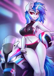 Size: 2480x3508 | Tagged: suggestive, artist:dandy, derpibooru import, vinyl scratch, anthro, unicorn, belly button, bikini, bikini bottom, bikini top, blurry background, bmw, breasts, busty vinyl scratch, chest fluff, cleavage, clothes, collarbone, ear fluff, female, grin, helmet, high res, horn, image, latex, looking at you, motorcycle, motorcycle helmet, neon, png, see-through, smiling, smiling at you, solo, solo female, swimsuit