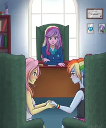 Size: 2500x3000 | Tagged: safe, artist:silbersternenlicht, derpibooru import, fluttershy, princess cadance, princess flurry heart, rainbow dash, equestria girls, blushing, dean cadance, female, flutterdash, holding hands, image, lesbian, looking at each other, looking at someone, office, png, shipping, smiling