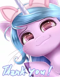 Size: 1155x1473 | Tagged: safe, artist:phoenixrk49, derpibooru import, izzy moonbow, pony, unicorn, bust, cat ears, ear fluff, female, g5, horn, image, jpeg, looking at you, mare, raised hoof, simple background, smiling, solo, thank you, unshorn fetlocks, whiskers, white background