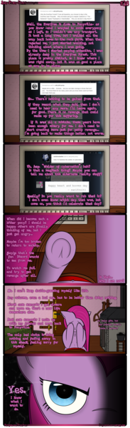 Size: 1245x4078 | Tagged: safe, artist:underwoodart, derpibooru import, pinkie pie, earth pony, pony, ask pink-pony, ask, bed, bedroom, blurry background, coal, computer, door, dramatic, eye contact, fireplace, image, keyboard, looking at each other, looking at someone, looking at you, monitor, offscreen character, pinkamena diane pie, png, pov, tumblr