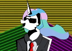 Size: 1400x1000 | Tagged: safe, artist:str8aura-draws-horses-and-stuff, derpibooru import, princess celestia, oc, oc:celestai, fanfic:friendship is optimal, black and white, clothes, glasses, grayscale, image, max headroom, monochrome, necktie, neon, png, red eyes, suit, sunglasses