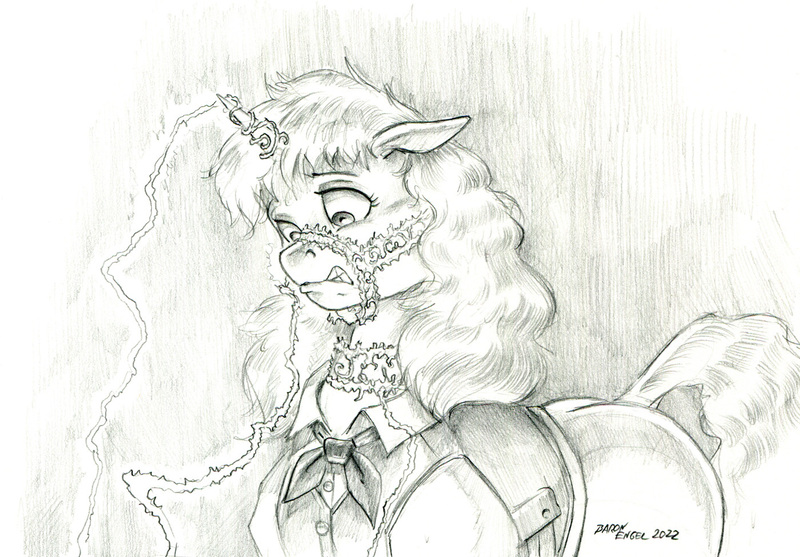 Size: 1400x974 | Tagged: safe, artist:baron engel, derpibooru import, oc, oc:free n'clear, pony, unicorn, female, filly, foal, image, jpeg, monochrome, pencil drawing, story included, traditional art