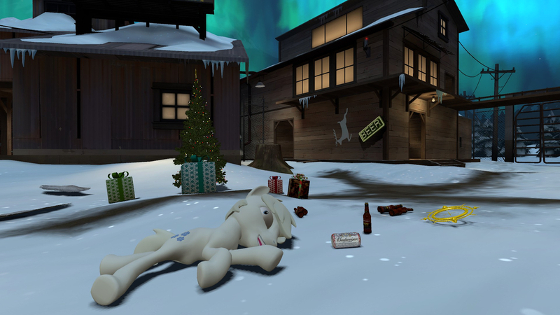 Size: 1280x720 | Tagged: safe, artist:horsesplease, derpibooru import, double diamond, 3d, alcohol, aurora borealis, bottle, christmas, drunk, gmod, holiday, image, insanity, jpeg, laughing, lying down, snow