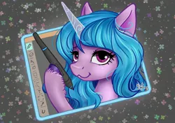 Size: 2480x1748 | Tagged: safe, artist:lailyren, derpibooru import, izzy moonbow, pony, unicorn, :3, breaking the fourth wall, female, g5, graphics tablet, image, jpeg, looking at you, mare, signature, smiling, solo, unshorn fetlocks