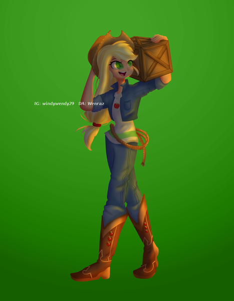 Size: 3111x4000 | Tagged: safe, alternate version, artist:wenraz, derpibooru import, applejack, human, applejack's hat, boots, box, clothes, cowboy boots, cowboy hat, cute, denim, female, freckles, green background, hat, humanized, image, jackabetes, jeans, lasso, open mouth, pants, png, rope, shirt, shoes, simple background, solo, t-shirt, vest