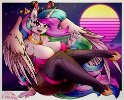 Size: 4096x3315 | Tagged: suggestive, artist:canvymamamoo, derpibooru import, princess celestia, alicorn, anthro, unguligrade anthro, big breasts, blushing, breasts, bunny ears, bunny suit, busty princess celestia, chest fluff, cleavage, clothes, ear fluff, female, happy, heart eyes, hoof shoes, huge breasts, image, jewelry, jpeg, leotard, looking at you, open mouth, pantyhose, peytral, regalia, retrowave, sitting, smiling, socks, solo, solo female, stockings, thigh highs, waving, wingding eyes