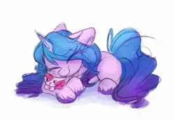 Size: 1752x1202 | Tagged: safe, artist:littleblackraencloud, derpibooru import, izzy moonbow, pinkie pie, pony, unicorn, g5, image, jpeg, lying down, plushie, prone, simple background, solo, white background