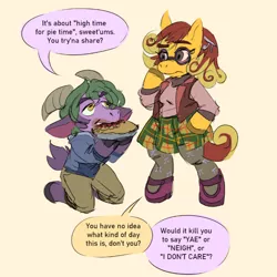 Size: 886x886 | Tagged: safe, artist:mermaxthegoat572, derpibooru import, oc, oc:merkin, oc:π, unofficial characters only, anthro, goat, pony, clothes, comic, dialogue, food, glasses, image, leggings, pi, pie, plaid skirt, png, shoes, speech bubble, π