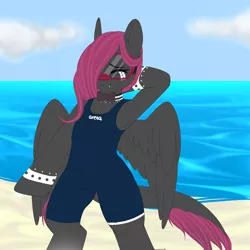 Size: 3000x3000 | Tagged: safe, artist:xcinnamon-twistx, derpibooru import, oc, oc:cherry bomb, pegasus, beach, clothes, cute, goggles, image, one-piece swimsuit, png, smiling, swimsuit, water
