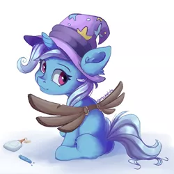 Size: 1000x1000 | Tagged: safe, artist:mochalula, derpibooru import, trixie, pony, unicorn, clothes, cute, diatrixes, ear fluff, eyelashes, fake wings, female, filly, filly trixie, fluffy, glue, hat, horn, image, leg fluff, png, simple background, sitting, solo, solo female, tail, trixie's hat, white background, younger