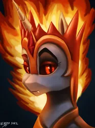 Size: 1000x1346 | Tagged: safe, artist:vezja, derpibooru import, daybreaker, alicorn, pony, armor, bust, female, fire, gem, glow, glowing eyes, helm, horn, image, mane of fire, mare, png, portrait, raised eyebrow, simple background