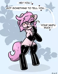 Size: 1112x1426 | Tagged: safe, artist:n-o-n, derpibooru import, oc, oc:kayla, unofficial characters only, earth pony, pony, bipedal, blushing, clothes, dialogue, eyebrows, eyebrows visible through hair, female, flower, gloves, heart, image, latex, latex gloves, latex socks, looking at you, mare, one eye closed, open mouth, open smile, png, smiling, smiling at you, socks, solo, talking to viewer, trade, waifu, wink