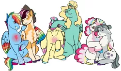 Size: 2008x1181 | Tagged: safe, artist:lieutenantcactus, derpibooru import, fluttershy, marble pie, pinkie pie, rainbow dash, scootaloo, zephyr breeze, earth pony, pegasus, pony, alternate design, brother and sister, coat markings, colored hooves, colored wings, female, hug, image, male, mare, multicolored hooves, multicolored wings, older, older scootaloo, pie sisters, pie twins, png, rainbow wings, siblings, simple background, sisters, stallion, twins, twitterina design, white background, wings