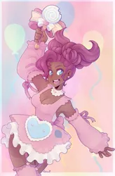 Size: 619x942 | Tagged: safe, artist:mahona9, derpibooru import, pinkie pie, human, accessories, arm warmers, best pony, bow, breasts, bust, busty pinkie pie, clothes, cutie mark, dark skin, detailed background, ear piercing, earring, eyebrows, female, g4, happy, heart, humanized, image, jewelry, jpeg, looking at something, magic wand, magical girl, open mouth, outfit, piercing, ribbon, socks, soft, solo, stockings, thick, thigh highs, wand