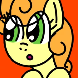 Size: 768x768 | Tagged: safe, artist:danielthebrony57, derpibooru import, carrot top, golden harvest, earth pony, pony, :o, background pony, cute, cutie top, danielthebrony57's looking up ponies, female, g4, hooves, image, looking up, mare, meme, o, o mouth, open mouth, orange background, png, simple background, solo, that was fast