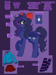 Size: 3456x4608 | Tagged: safe, artist:nightydream, derpibooru import, oc, oc:shadow twinkle, bat pony, pony, bow, clothes, female, hair bow, image, mare, png, reference sheet, socks, solo, thigh highs