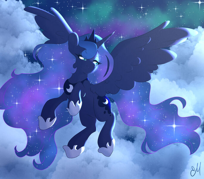 Size: 1600x1401 | Tagged: safe, artist:marietably, derpibooru import, princess luna, alicorn, pony, cloud, ethereal mane, female, flying, image, jpeg, mare, night, sky, solo, spread wings, starry mane, starry night, stars, wings