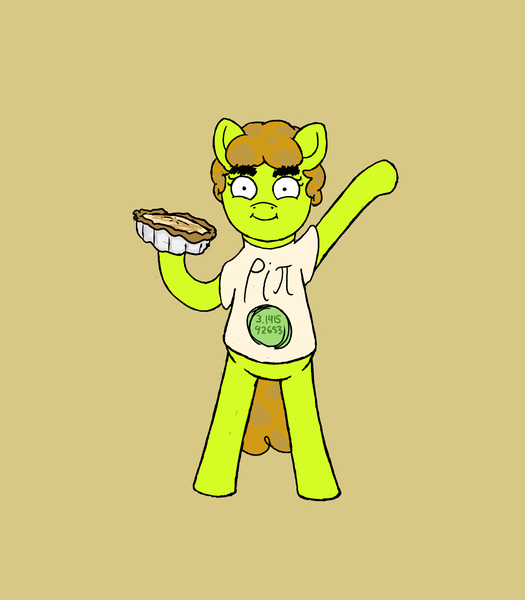 Size: 1750x2000 | Tagged: safe, artist:potatoconnoisseur, derpibooru import, oc, oc:up beet, unofficial characters only, earth pony, pony, bipedal, derpibooru exclusive, eyebrows, female, food, image, looking at you, mare, pi, pi day, pie, png, simple background, smiling, solo