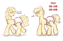 Size: 3774x2476 | Tagged: suggestive, artist:vaiola, derpibooru import, oc, unofficial characters only, pony, advertisement, big eyes, blushing, commission, couple, cute, diaper, diaper fetish, duo, eyebrows, female, fetish, full body, happy, image, male, mare, png, poofy diaper, running, simple background, tail, tail hole, text, walking, white background, ych example, ych sketch, yelling, your character here