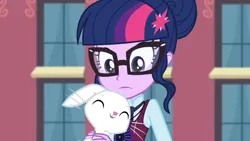 Size: 3410x1920 | Tagged: safe, derpibooru import, screencap, angel bunny, sci-twi, twilight sparkle, rabbit, equestria girls, friendship games, angelbetes, animal, canterlot high, cute, duo, eyes closed, female, glasses, high res, image, jpeg, magic capture device, male, smiling