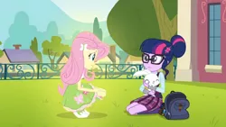 Size: 3410x1920 | Tagged: safe, derpibooru import, screencap, angel bunny, fluttershy, sci-twi, twilight sparkle, rabbit, equestria girls, friendship games, angelbetes, animal, backpack, boots, canterlot high, clothes, cute, cutie mark, cutie mark on clothes, eyes closed, female, glasses, hairpin, high res, hug, image, jpeg, male, shoes, smiling, trio