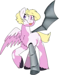 Size: 1168x1475 | Tagged: safe, artist:2k.bugbytes, ponybooru import, oc, unofficial characters only, pegasus, pony, amputee, artificial wings, augmented, chest fluff, female, image, mare, pegasus oc, piebald coloring, png, prosthetic leg, prosthetic limb, prosthetic wing, prosthetics, raised hoof, raised leg, simple background, solo, spots, spread wings, tongue out, transparent background, unshorn fetlocks, wings