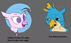 Size: 1363x839 | Tagged: safe, artist:lockheart, derpibooru import, gallus, silverstream, classical hippogriff, gryphon, hippogriff, dick flattening, female, gallstream, gray background, image, male, meme, open mouth, open smile, png, shipping, simple background, smiling, straight, tired, wojak
