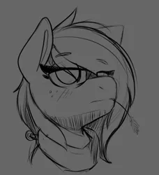 Size: 769x844 | Tagged: safe, artist:lockheart, derpibooru import, big macintosh, earth pony, pony, big macintosh's yoke, blushing, bust, female, freckles, gray background, grayscale, hay stalk, horse collar, image, lidded eyes, macareina, mare, monochrome, png, portrait, rule 63, simple background, sketch, solo