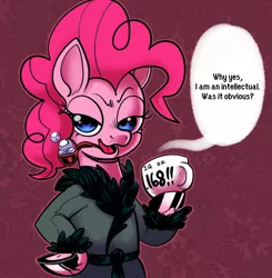 Size: 1960x2000 | Tagged: safe, artist:swagstapiece, derpibooru import, pinkie pie, earth pony, pony, abstract background, bubble pipe, clothes, cup, female, hoof hold, image, jpeg, mare, open mouth, pipe, robe, solo, speech bubble, talking to viewer, teacup, unshorn fetlocks