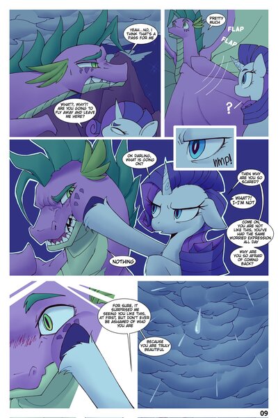 Size: 1365x2048 | Tagged: safe, artist:dorpapu, derpibooru import, rarity, spike, dragon, unicorn, comic:warm embrace, comedy, comic, dialogue, female, image, jpeg, male, older, older spike, sequence, shipping, sparity, straight