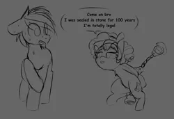 Size: 1252x856 | Tagged: safe, artist:lockheart, derpibooru import, cozy glow, pegasus, pony, bedroom eyes, bipedal, cuffs, dialogue, duo, female, filly, flirting, floppy ears, foal, handcuffed, image, looking at each other, looking at someone, male, nervous, open mouth, png, raised hoof, restrained, seems legit, sketch, speech bubble, stallion, sweat