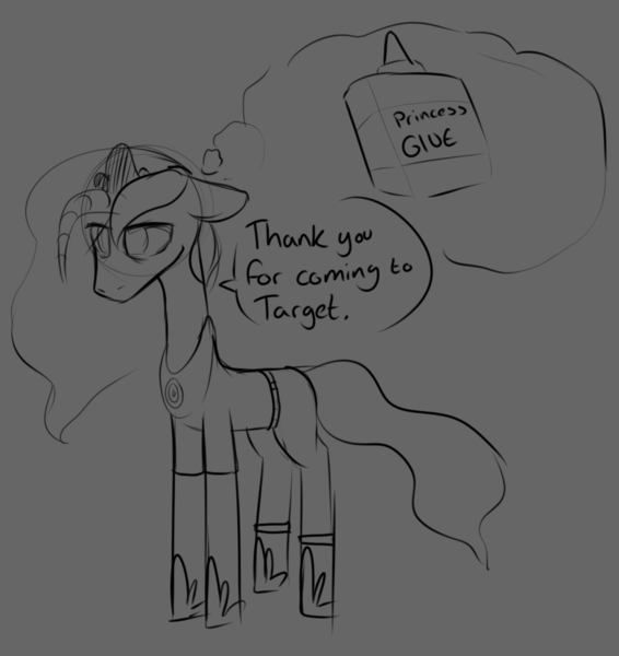 Size: 1110x1176 | Tagged: safe, artist:lockheart, derpibooru import, princess luna, alicorn, pony, clothes, depressed, dialogue, female, floppy ears, floppy horn, glue, gray background, grayscale, horn, image, jewelry, mare, monochrome, pants, peytral, png, regalia, sad, shirt, simple background, sketch, solo, speech bubble, target (store), thought bubble