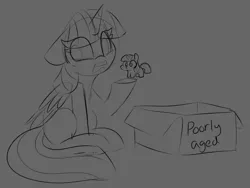 Size: 1766x1328 | Tagged: safe, artist:lockheart, derpibooru import, twilight sparkle, twilight sparkle (alicorn), alicorn, pony, unicorn, box, cardboard box, cringing, female, floppy ears, folded wings, gray background, grayscale, image, looking away, mare, monochrome, png, raised hoof, simple background, sitting, sketch, solo, squatpony, twiggie, unicorn twilight, wings