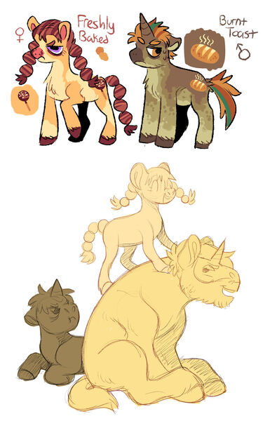 Size: 1280x2048 | Tagged: safe, artist:mylittlegami, derpibooru import, donut joe, oc, oc:burnt toast, oc:freshyly baked, earth pony, pony, unicorn, brother and sister, colt, father and child, female, filly, foal, image, jpeg, male, offspring, parent:donut joe, siblings, simple background, stallion, white background