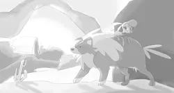 Size: 5544x2975 | Tagged: safe, artist:ktubosi83, derpibooru import, dog, sheep, them's fightin' herds, bell, big momma, black and white, cactus, carrying, collar, community related, grayscale, image, monochrome, png, pom (tfh), sunset prairie