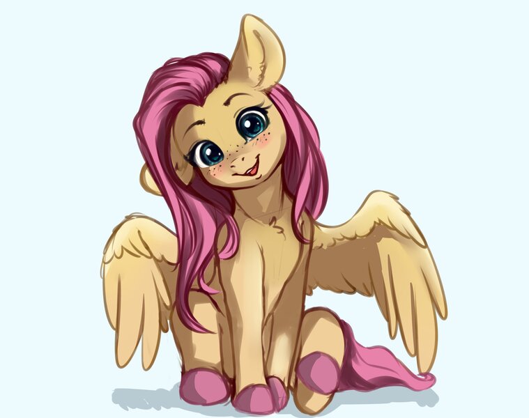 Size: 3916x3095 | Tagged: safe, artist:miokomata, derpibooru import, fluttershy, pegasus, pony, blue background, blushing, colored hooves, cute, female, freckles, freckleshy, head tilt, high res, image, jpeg, looking at you, mare, open mouth, open smile, shyabetes, simple background, smiling, smiling at you, solo