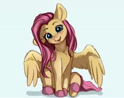 Size: 3916x3095 | Tagged: safe, artist:miokomata, derpibooru import, fluttershy, pegasus, pony, blue background, blushing, colored hooves, cute, female, freckles, freckleshy, head tilt, high res, image, jpeg, looking at you, mare, open mouth, open smile, shyabetes, simple background, smiling, smiling at you, solo