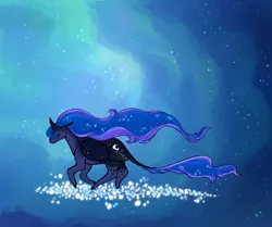 Size: 790x660 | Tagged: safe, artist:jroxs12pone, derpibooru import, princess luna, alicorn, pony, abstract background, female, image, leonine tail, mare, png, running, solo, stars, tail, wind, windswept mane