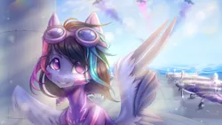 Size: 1920x1080 | Tagged: safe, artist:zefirka, derpibooru import, oc, unofficial characters only, pegasus, pony, aircraft carrier, clothes, commission, female, flight suit, goggles, image, mare, ocean, plane, png, signature, sky, smiling, solo, supermarine seafire, water