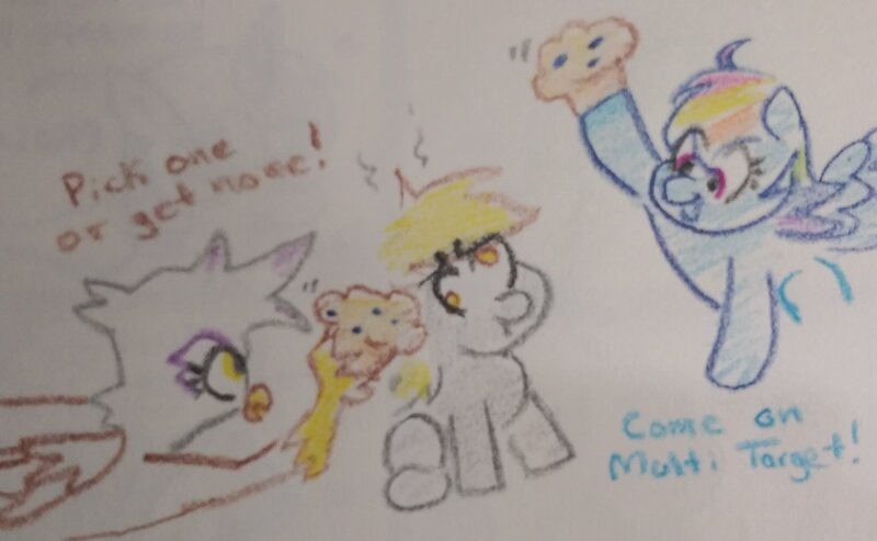 Size: 2048x1263 | Tagged: safe, artist:pony quarantine, derpibooru import, derpy hooves, gilda, rainbow dash, gryphon, pegasus, pony, dialogue, female, food, image, jpeg, mare, muffin, traditional art, trio