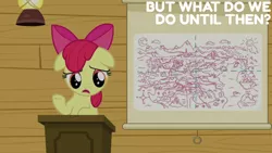 Size: 1280x720 | Tagged: safe, derpibooru import, edit, edited screencap, editor:quoterific, screencap, apple bloom, earth pony, pony, on your marks, season 6, apple bloom's bow, bow, clubhouse, crusaders clubhouse, female, filly, floppy ears, foal, hair bow, image, jpeg, open mouth, solo, text