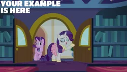 Size: 1280x720 | Tagged: safe, derpibooru import, edit, edited screencap, editor:quoterific, screencap, rarity, starlight glimmer, pony, unicorn, season 8, the end in friend, spoiler:s08, duo, eyes closed, female, image, jpeg, mare, open mouth, open smile, school of friendship, smiling, text