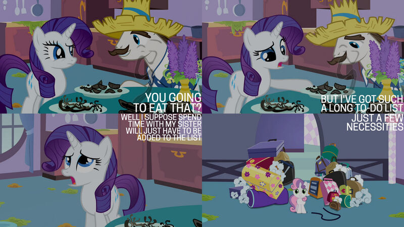 Size: 1280x720 | Tagged: safe, derpibooru import, edit, edited screencap, editor:quoterific, screencap, hondo flanks, rarity, sweetie belle, pony, unicorn, season 2, sisterhooves social, cute, diasweetes, female, filly, foal, image, jpeg, male, mare, open mouth, smiling, stallion, text