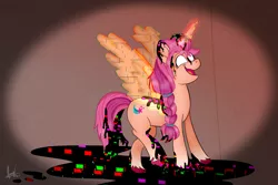 Size: 2880x1920 | Tagged: semi-grimdark, artist:habiepon3, derpibooru import, sunny starscout, alicorn, pony, my little pony: a new generation, artificial horn, artificial wings, augmented, corrupted, dark magic, error, female, g5, glitch, high res, image, magic, mare, open mouth, pibby, png, simple background, smiling, solo, spread wings, wings