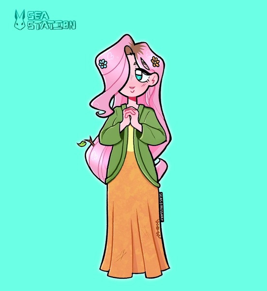 Size: 1440x1566 | Tagged: safe, artist:seasemissary, derpibooru import, fluttershy, human, clothes, dress, dyed hair, female, flower, flower in hair, hair over one eye, hands together, humanized, image, jpeg, simple background, solo, teal background